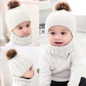 Infant/Baby White Hat with Pom Pom & Ring Scarf